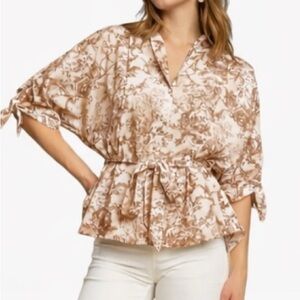 Umgee Cream and Brown Printed Tie-Waist Peplum Top